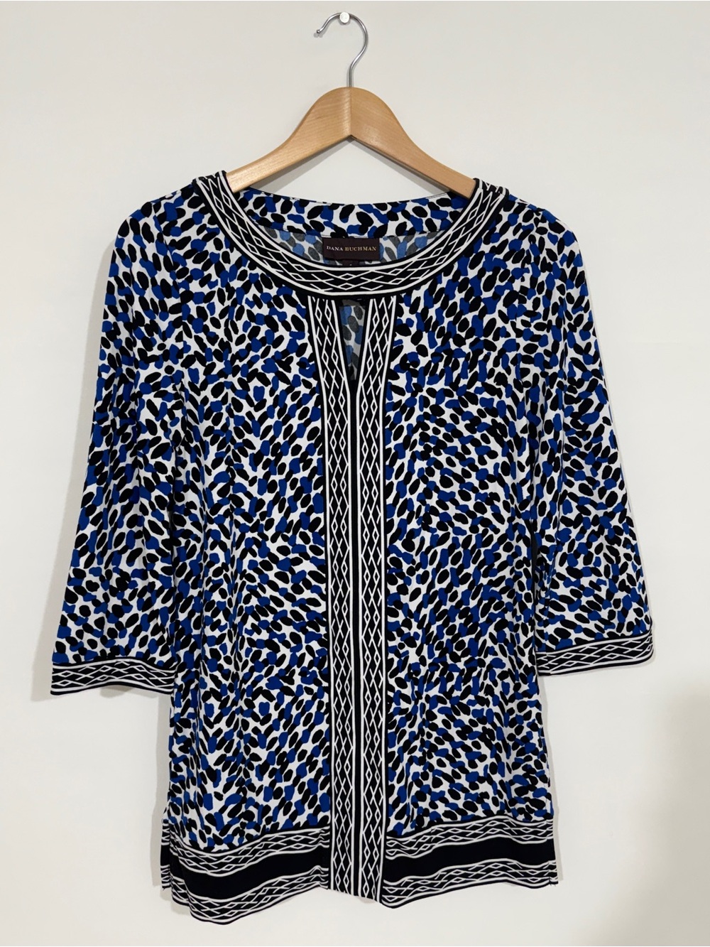 WSH31 {Dana Buchman} Blue White Black Print Long Sleeve Tunic Blouse Top